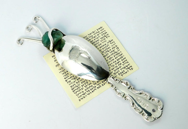 Silver Mezuzah Case with Rough Emerald, Flatware Mezuzah Judaica