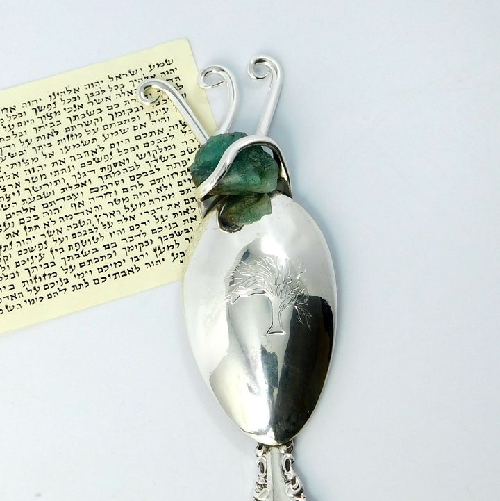 Silver Mezuzah Case with Rough Emerald, Flatware Mezuzah Judaica