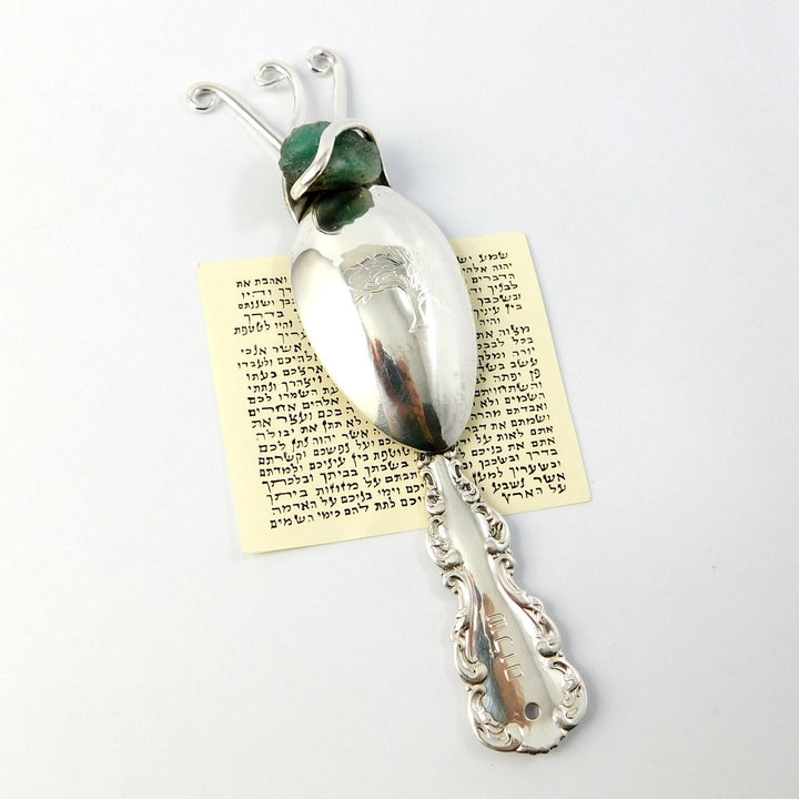 Silver Mezuzah Case with Rough Emerald, Flatware Mezuzah Judaica