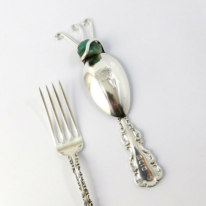 Silver Mezuzah Case with Rough Emerald, Flatware Mezuzah Judaica