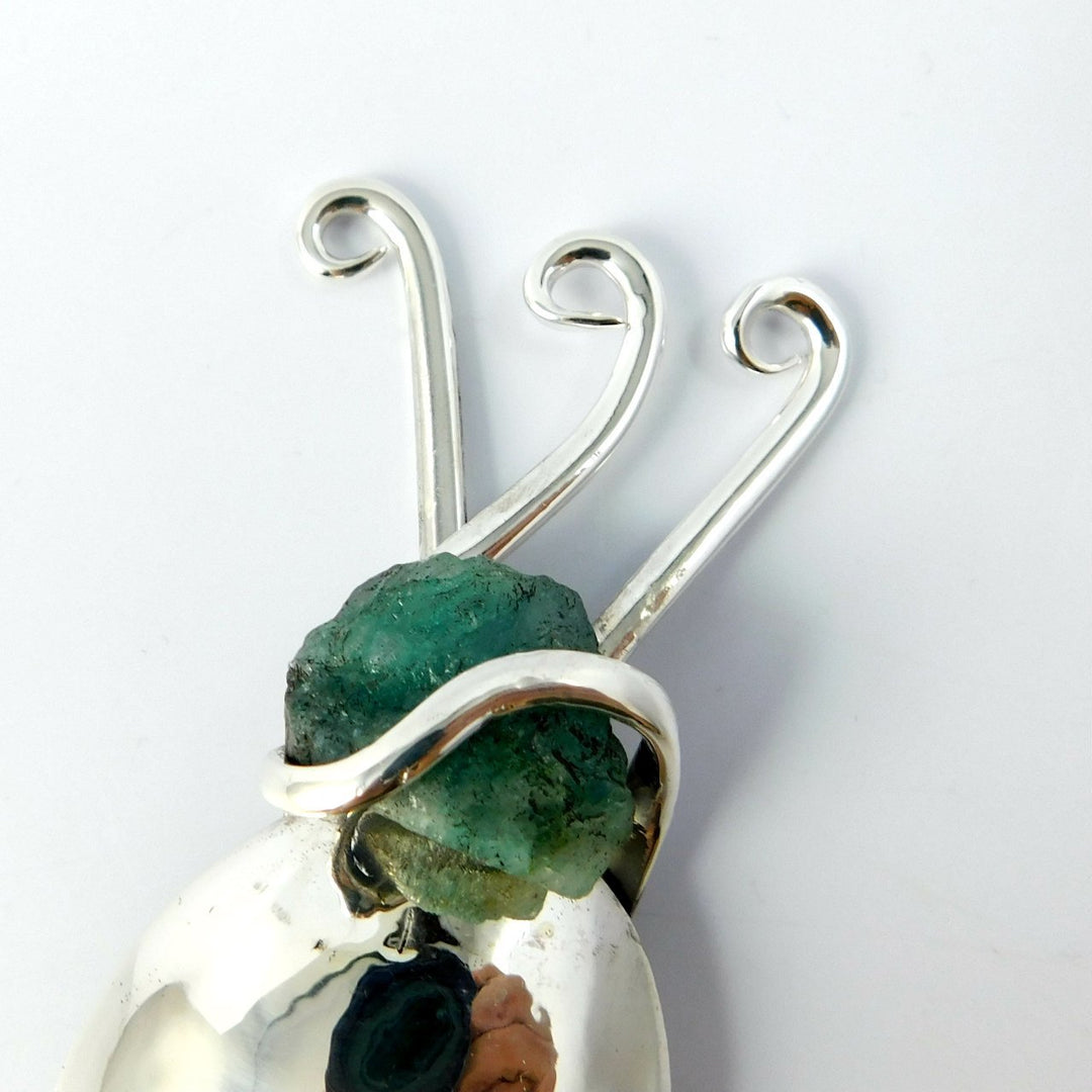 Silver Mezuzah Case with Rough Emerald, Flatware Mezuzah Judaica