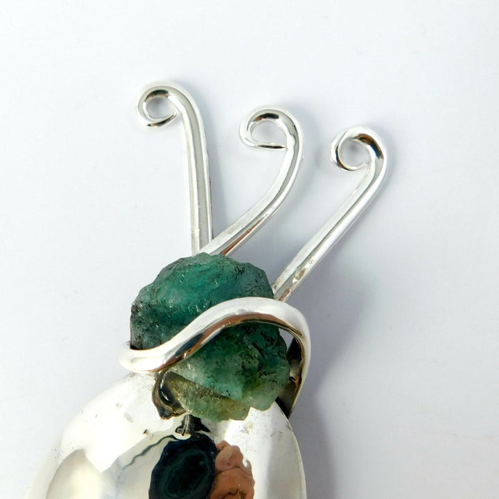 Silver Mezuzah Case with Rough Emerald, Flatware Mezuzah Judaica
