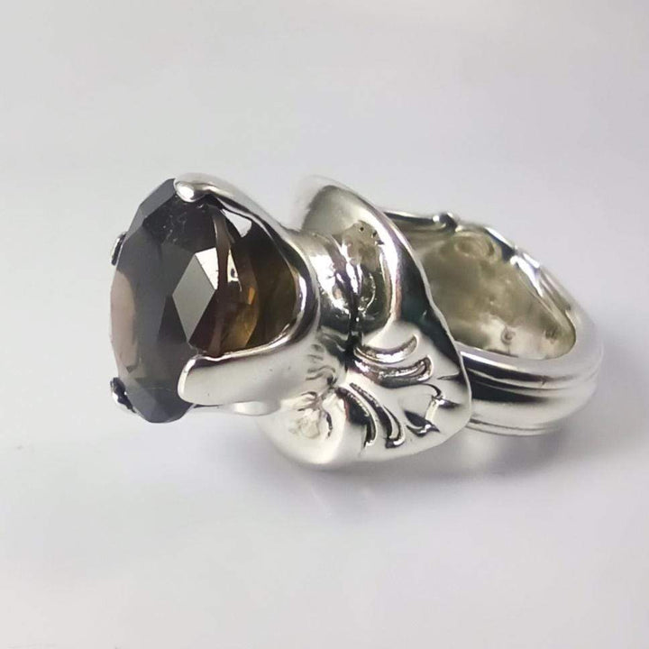 Smoky Quartz Princess Spoon Ring, Sterling Silver with Prong-Set Natural Smoky Quartz Gemstone