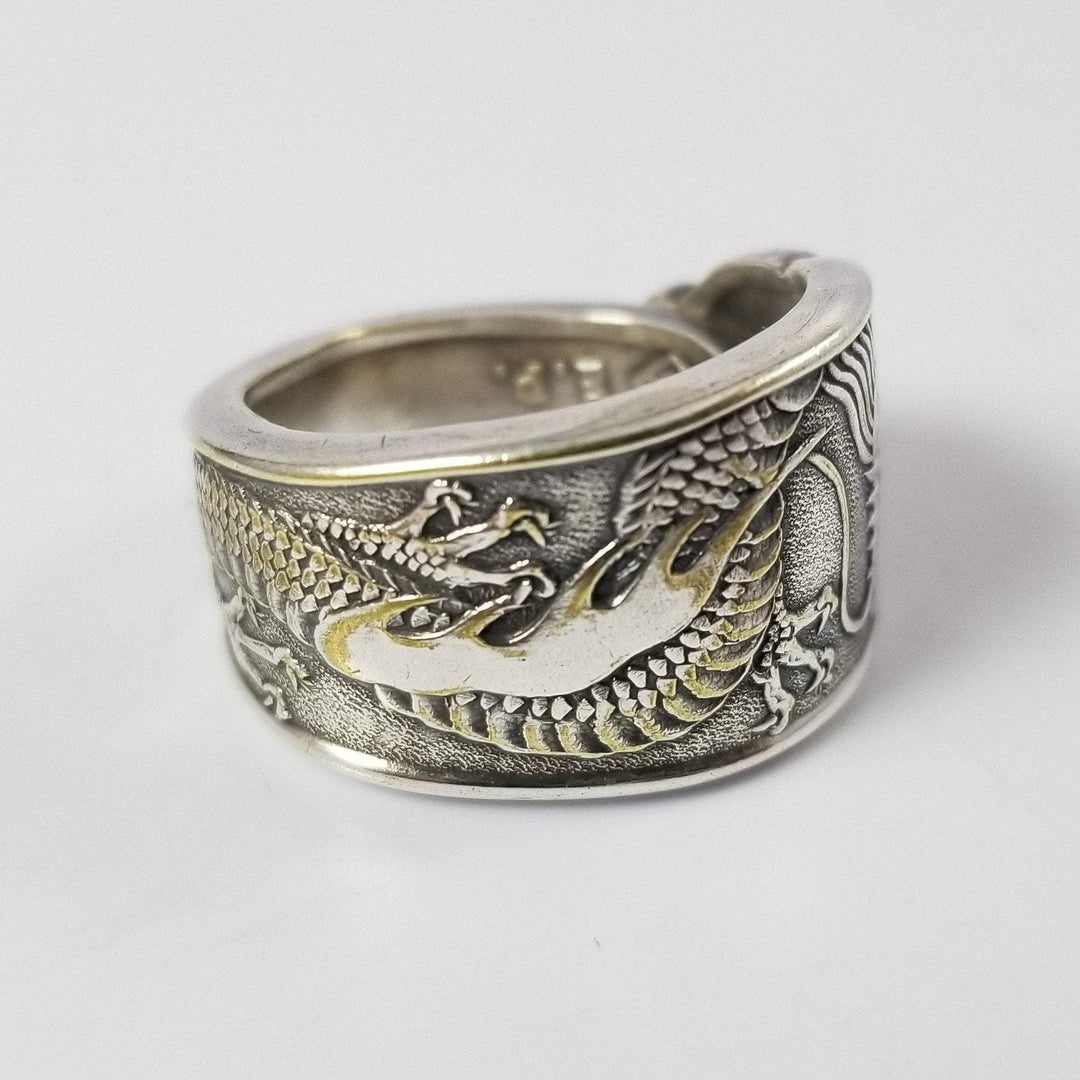 Dragon Spoon Ring, Classic Band Shape, Silver & Brass