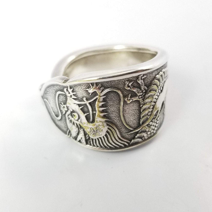 Dragon Spoon Ring, Classic Band Shape, Silver & Brass