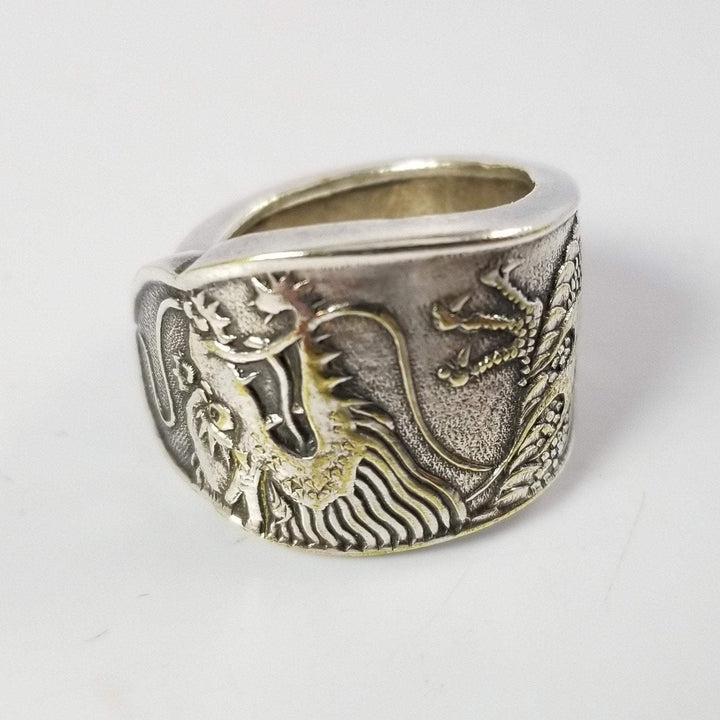 Dragon Spoon Ring, Classic Band Shape, Silver & Brass