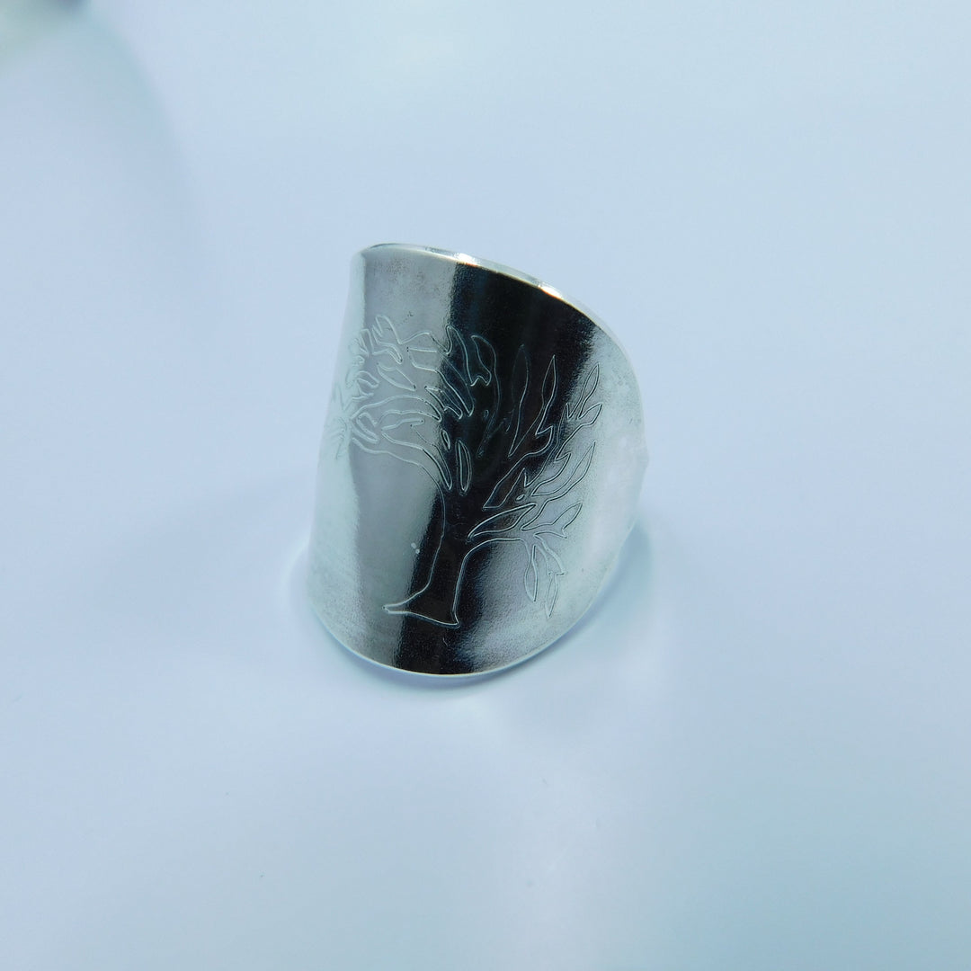 Engraved Tree of Life Silver Trim Handle Demitasse Spoon Ring