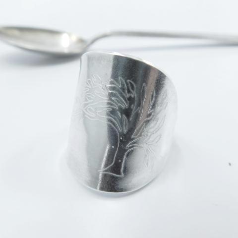 Engraved Tree of Life Silver Trim Handle Demitasse Spoon Ring