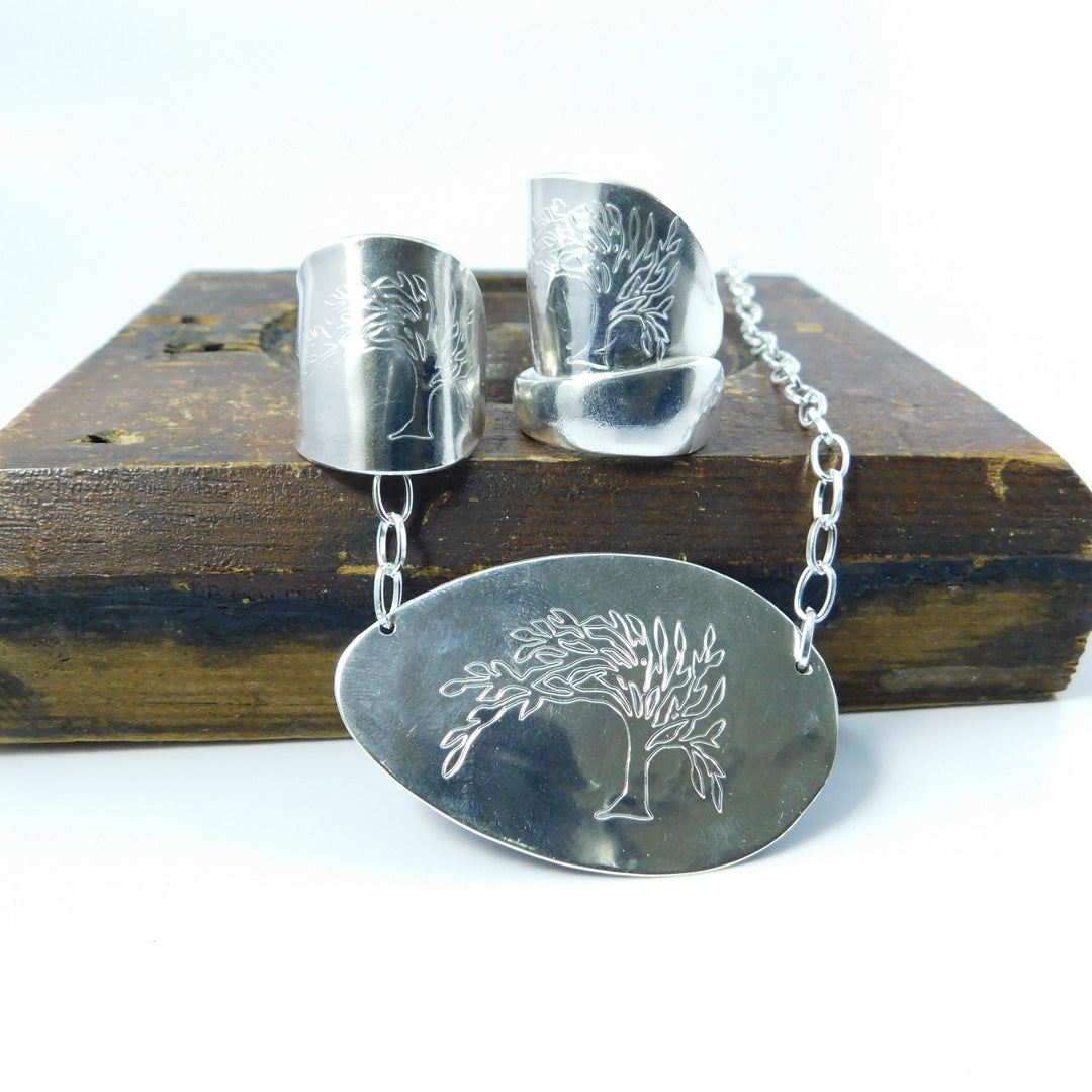 Engraved Tree of Life Silver Trim Handle Demitasse Spoon Ring