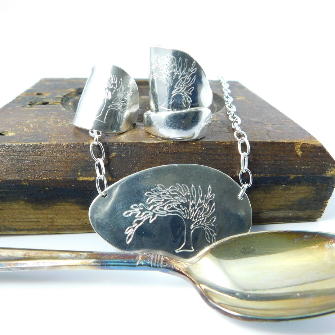 Engraved Tree of Life Silver Trim Handle Demitasse Spoon Ring