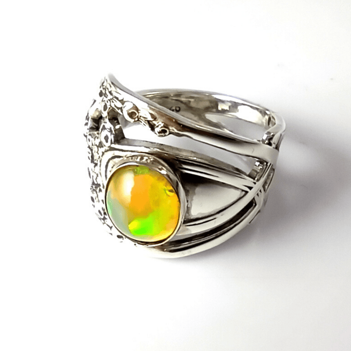 Lattice Nouveau Sterling Silver Spoon Ring with Opal Gemstone