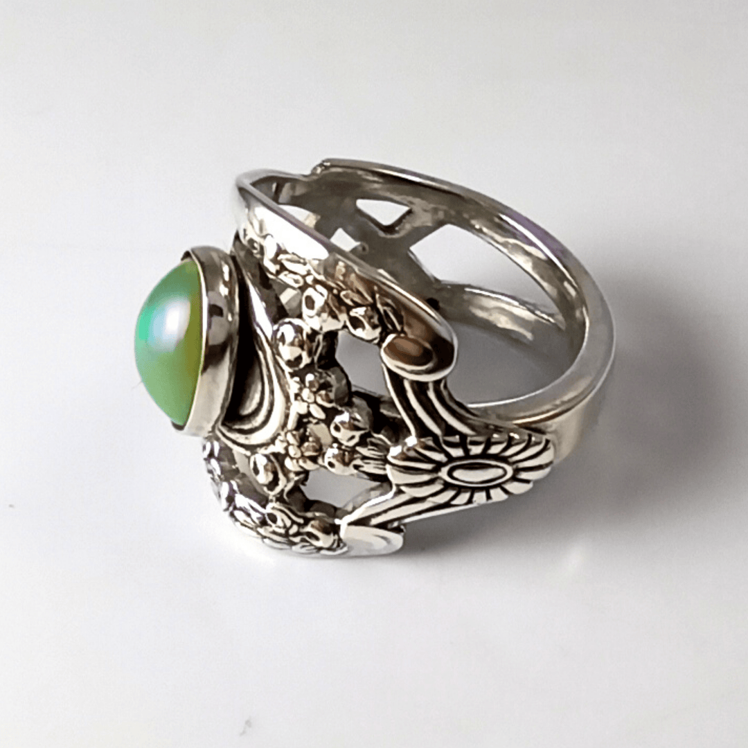 Lattice Nouveau Sterling Silver Spoon Ring with Opal Gemstone