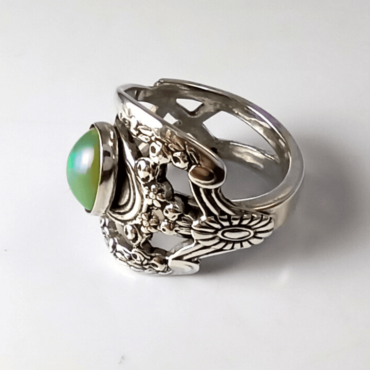 Lattice Nouveau Sterling Silver Spoon Ring with Opal Gemstone