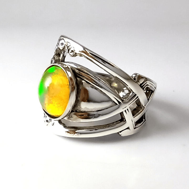 Lattice Nouveau Sterling Silver Spoon Ring with Opal Gemstone