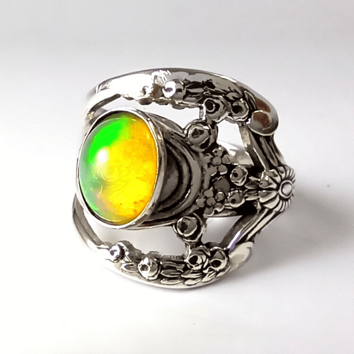 Lattice Nouveau Sterling Silver Spoon Ring with Opal Gemstone
