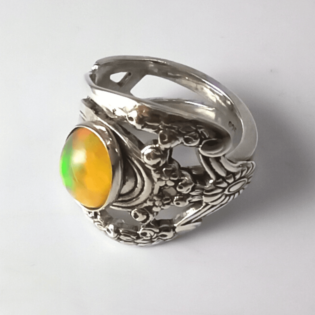 Lattice Nouveau Sterling Silver Spoon Ring with Opal Gemstone