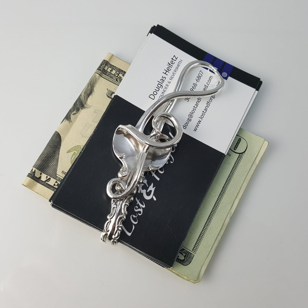 Treble Clef Silver Fork Money Clip / Card Holder