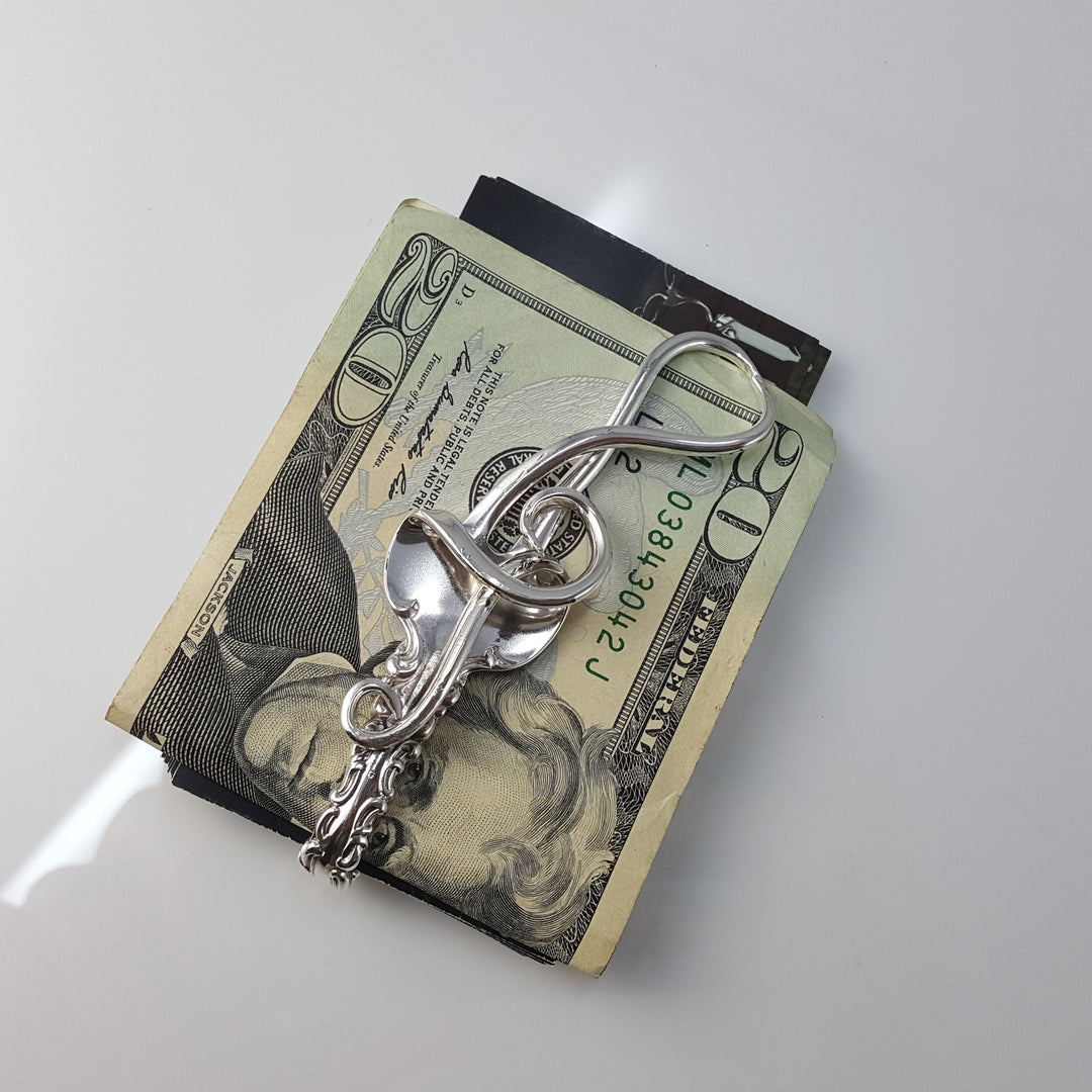 Treble Clef Silver Fork Money Clip / Card Holder